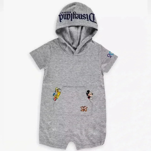 Disney Land 18 mo Hooded SS Grey bottom buttoned Romper w characters. - Picture 1 of 9